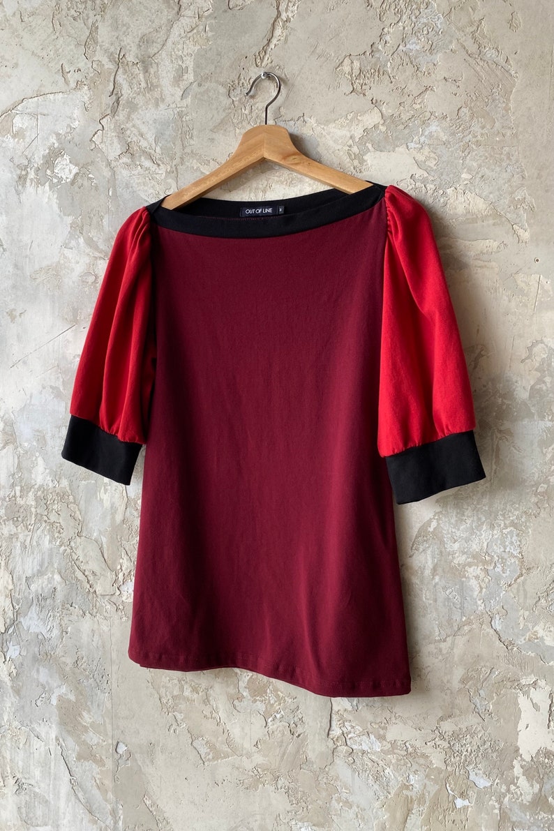 Small, Puff Sleeve Top Color Block Reds, Women's Top, Cotton Jersey, Modern Chic Ready to Ship image 2