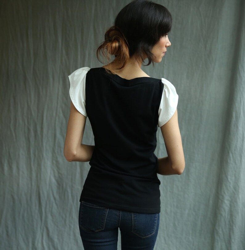 Fae Top, Black and White, Cotton Jersey, Flutter Sleeve Handmade to order image 5