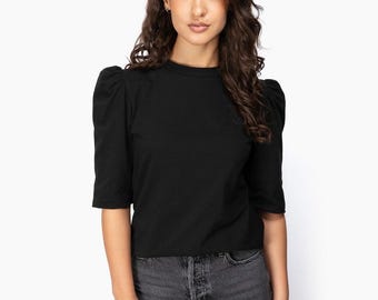 Large, Talia Top, Black, Cotton Jersey, Puff Sleeve- ready to ship