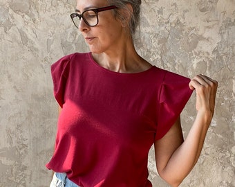 Flutter Sleeve Top, Ruby Red, Bamboo Blend Jersey, Modern Feminine- ready to ship