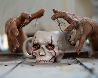 Handmade Ceramic Clown Skull Mug – Gothic Horror Coffee Cup