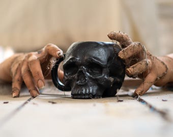 Handmade Skull Mug – Black Christmas Cup, Skeleton Creepy Gift