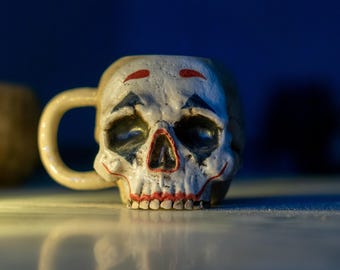 Handmade Ceramic Skull Mug: Joker Face Gothic Coffee Cup