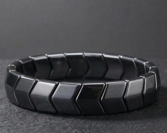 Black Hematite Bracelet for Men, Geometric Stretch Stone Bracelet, Modern Minimal Jewelry