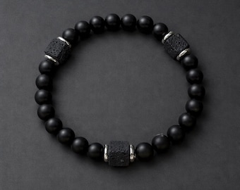 Bracelet minimaliste pour homme, perles de pierre de lave noire, bracelet en onyx mat, cadeau moderne pour lui