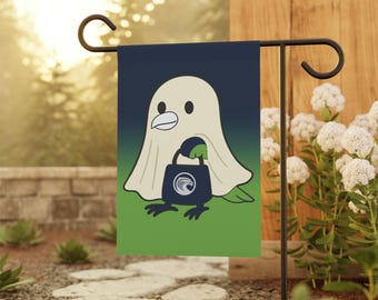 Bandera de Halloween con fantasmas para jardín, bandera de aficionado al fútbol americano de Seattle, bandera de jardín de Seattle, bandera de jardín para aficionados a los deportes, bandera azul marino y verde, bandera para el día del partido