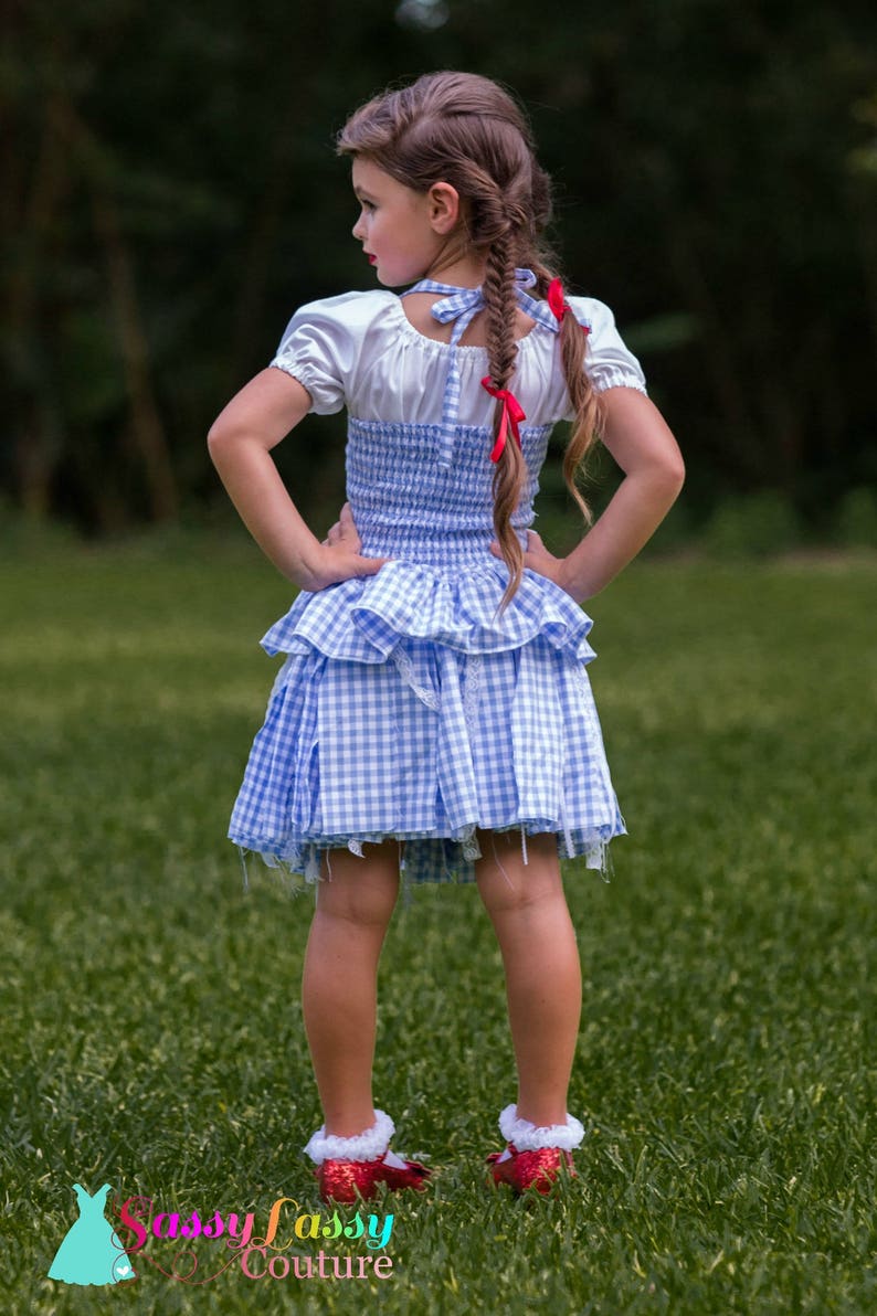 May include: A blue and white gingham dress with a white top and ruffled skirt. The dress has a fitted bodice and is paired with red sequined shoes. The hair is styled in braids with red ribbons. The dress is from Sassy Lassy Couture.