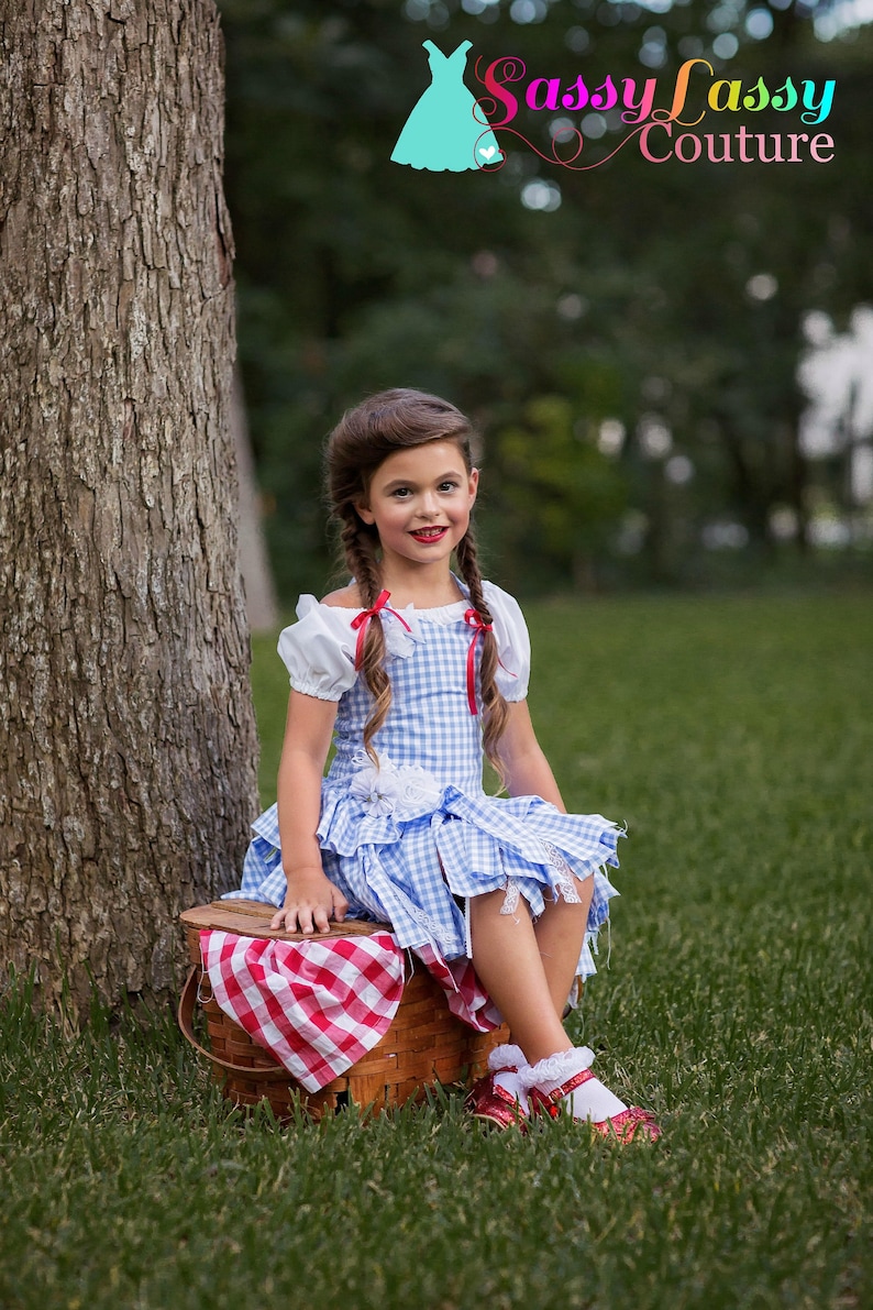 May include: A young girl in a blue and white gingham dress with white lace trim, red ribbons, and red shoes sits on a picnic basket with a red and white checkered cloth. The dress has white sleeves. The logo "Sassy Lassy Couture" is in the top right corner.