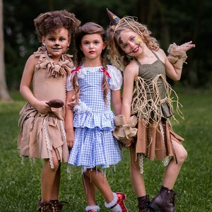 May include: Three children in Wizard of Oz costumes: a lion, Dorothy, and a scarecrow. The costumes are detailed and colourful, set against a green grassy background. The children are holding hands. The image is taken outdoors.