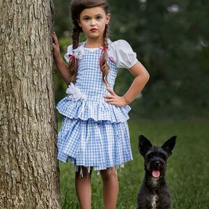 May include: A girl in a blue and white checked dress with a white blouse and red ribbons in her hair stands by a tree. A black dog sits in the grass. The dress features a ruffled skirt and a white flower detail.