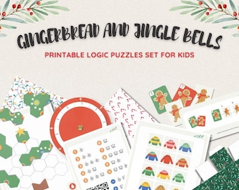 May include: Printable logic puzzles for kids featuring a gingerbread man, Christmas lights, candy canes, and a Christmas tree. The puzzles are titled "Gingerbread and Jingle Bells".