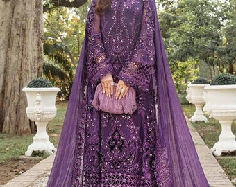 Salwar Kameez de gasa morada: vestido de novia pakistaní bordado