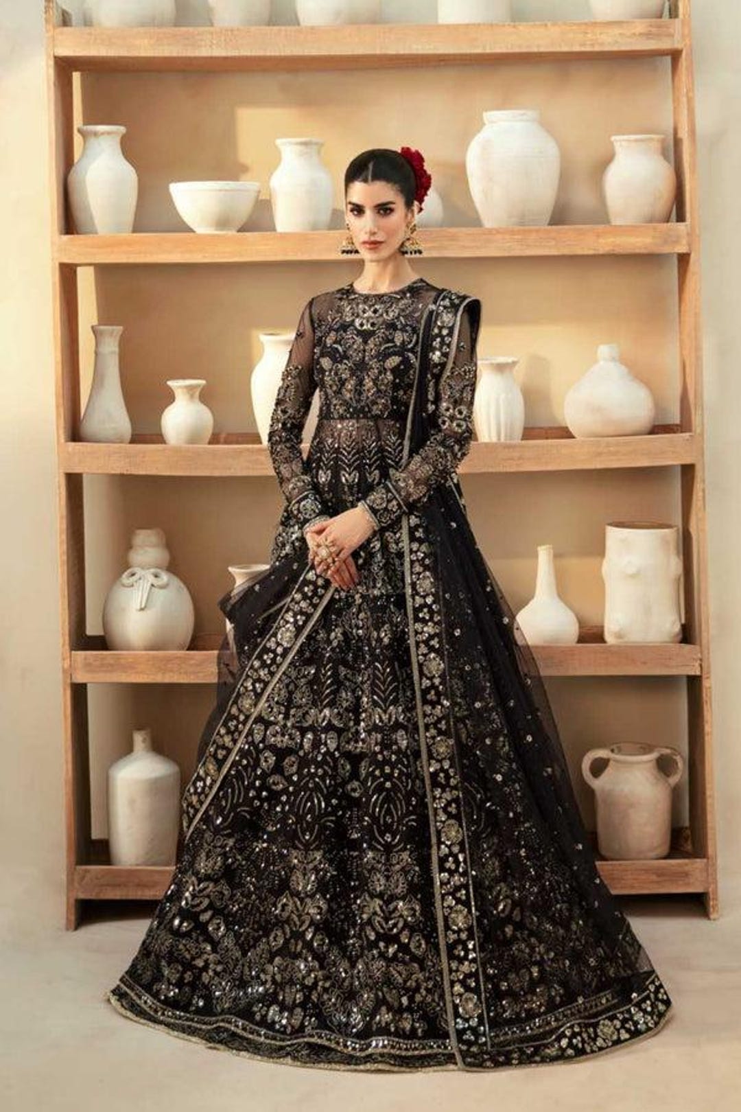black long dress indian Shop Kaylie Black Gown with Floral Embroidery