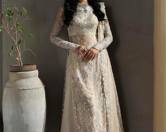 Neuer Luxus Chiffon gestickter Salwar Kameez, pakistanische Hochzeitskleid, individuell genäht, Party Wear Outfit, indische Kleider, langes Hemd