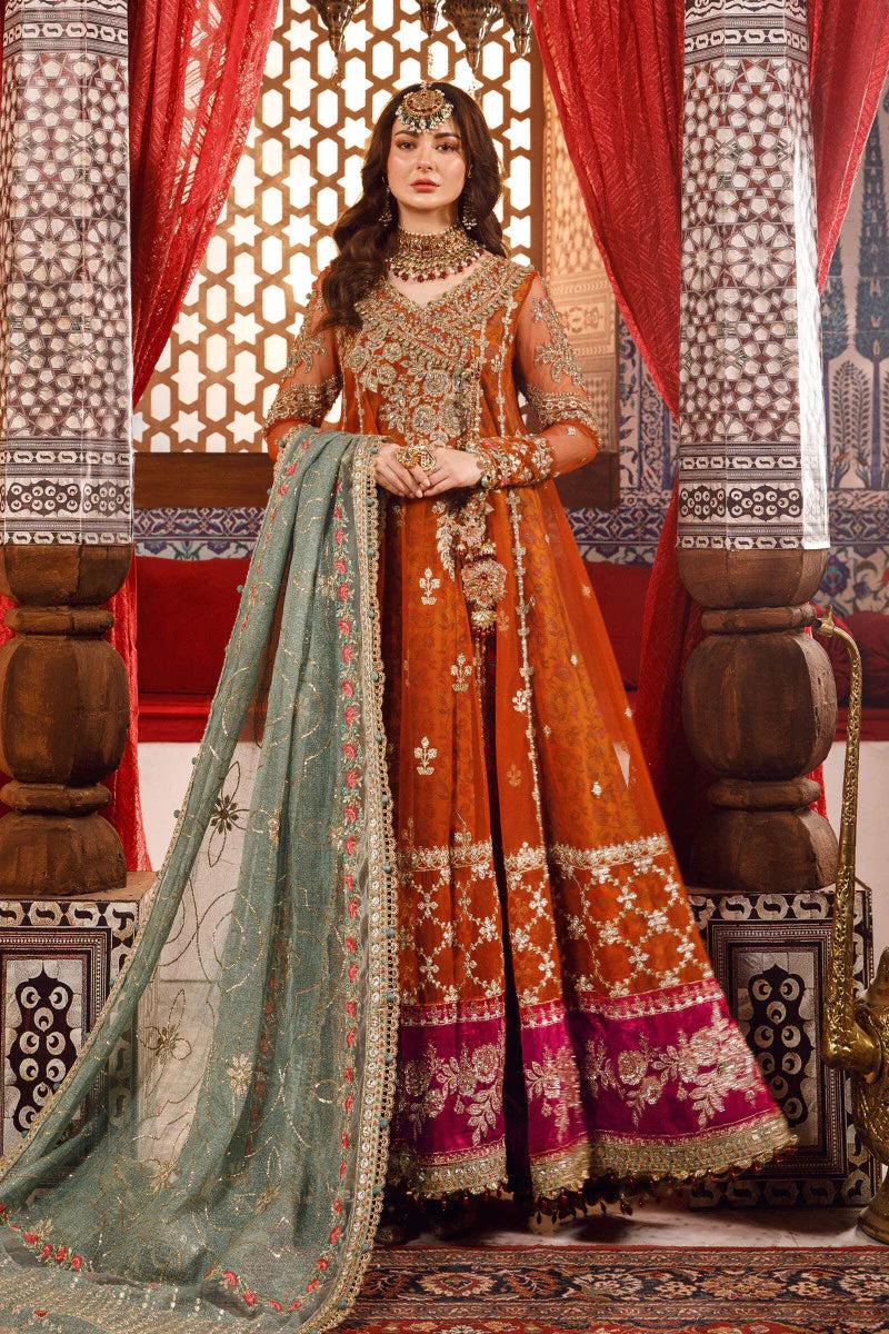Orange Angrakha Style Pakistani Wedding Dress, Embroidered Zari Net Dupatta