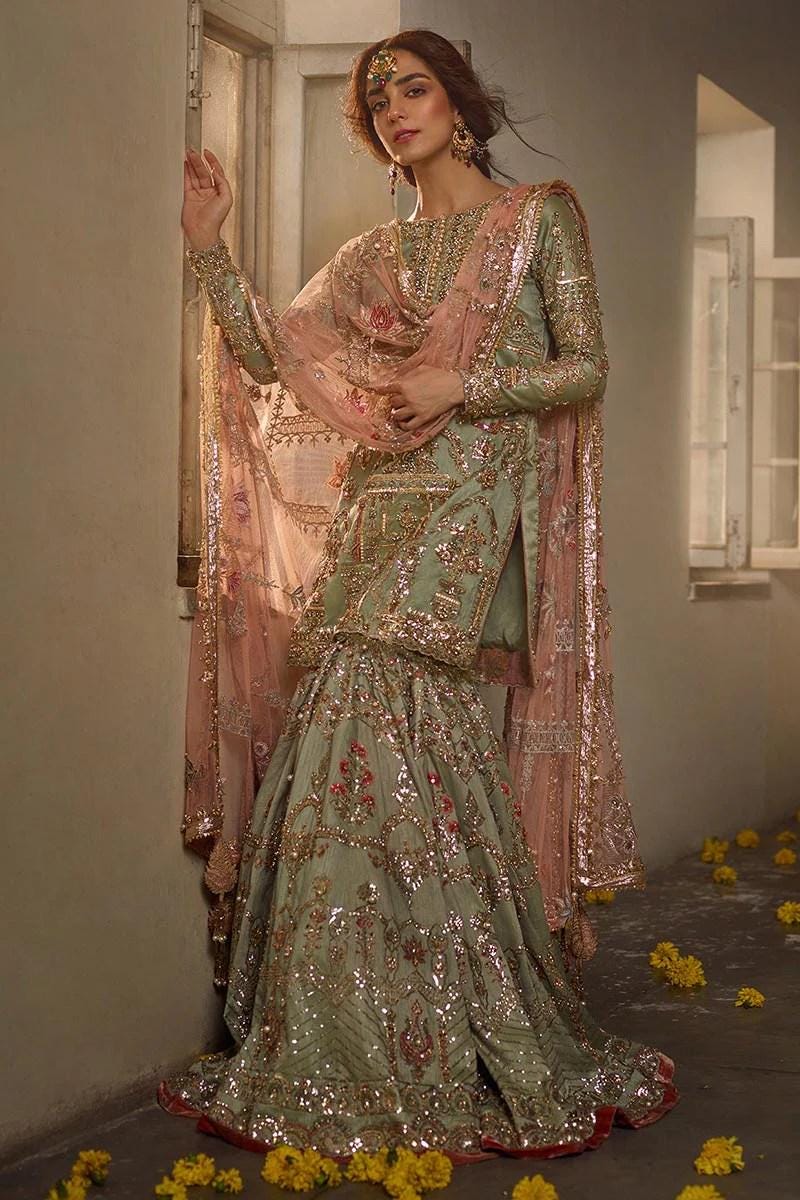 open lace back dress Heavy Embroidered Fancy Chiffon Mehndi Dress with Silk Trouser (DZ1786 –  DressyZone.com main image 1