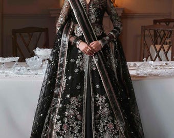 Chemise En Organza Brodée Noire Lehenga, Robe De Mariée Pakistanaise, Tenue De Soirée De Luxe, Robes Indiennes, Eid Salwar Kameez