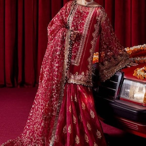 Pakistani Indian Wedding Dress Red Shirt Sharara Outfit Embroidery Indian Dresses Nikkah Guest Party Dress Eid Salwar Kameez Made to Order