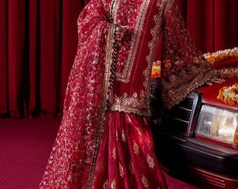 Pakistani Indian Wedding Dress Red Shirt Sharara Outfit Embroidery Indian Dresses Nikkah Guest Party Dress Eid Salwar Kameez Made to Order