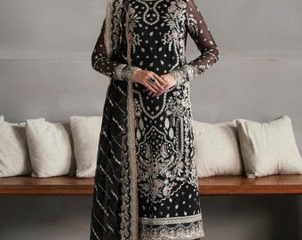 Vestido pakistaní de gasa negra bordada: Salwar Kameez con costura personalizada