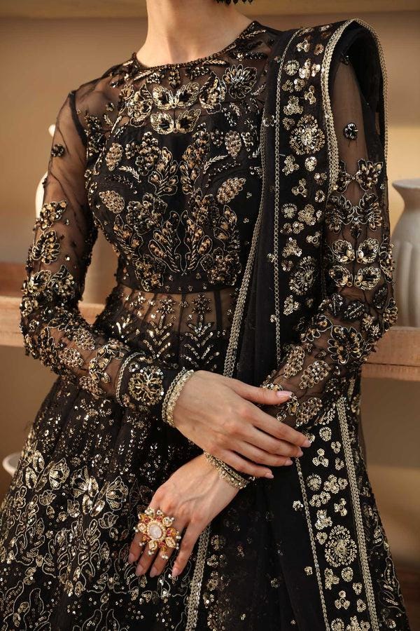 black dress indian wedding Indian wedding dress in Black gown jacket with embroidery FD2697