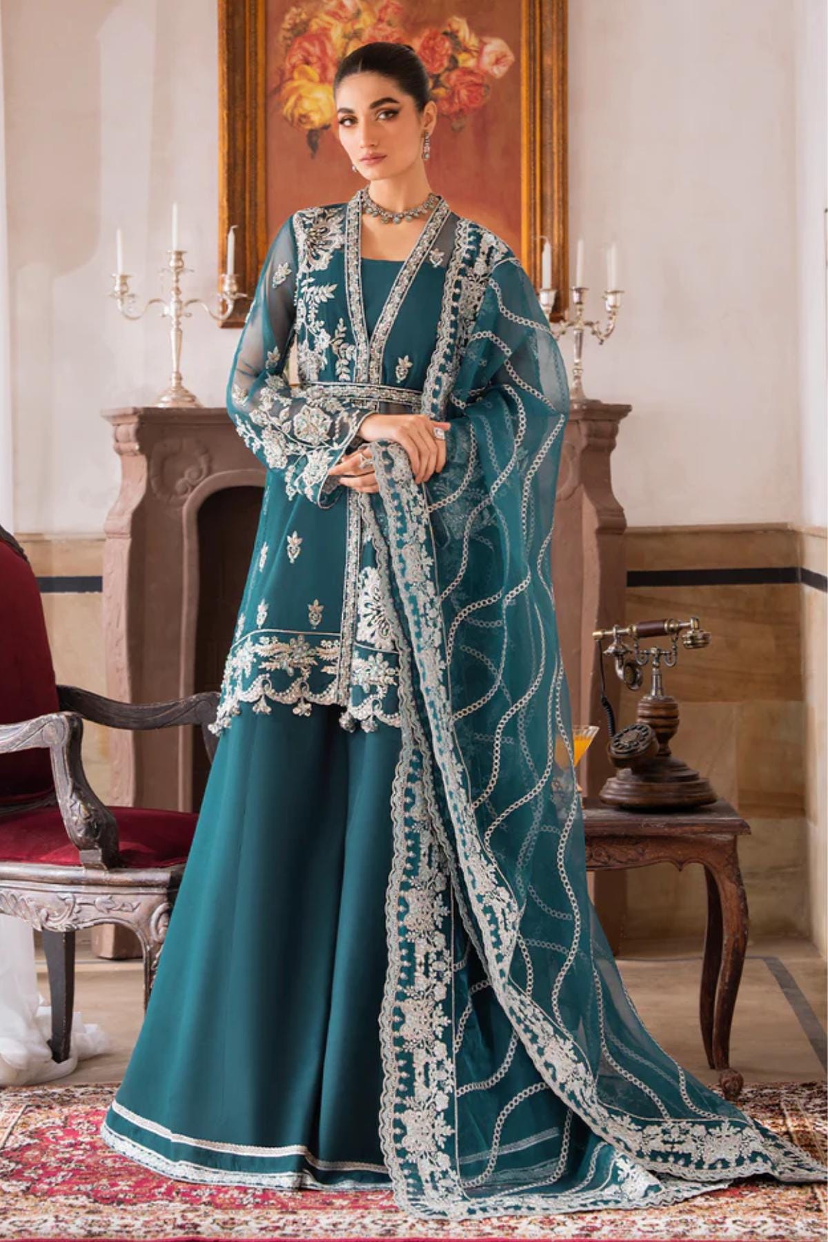 green emerald velvet dress Mustard Pakistani Bridal Mehndi Dress main image 1