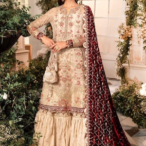 Latest Pakistani Wedding Dresses Ivory Maroon Gharara Indian Bridal Dress Mehndi Party Clothes Eid Salwar Kameez Design Custom Guest Outfit