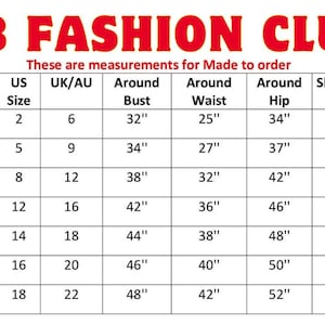 Peut inclure: Tableau des tailles pour les v&ecirc;tements avec des mesures en pouces pour les &Eacute;tats-Unis, le Royaume-Uni/l'Australie, le buste, la taille, les hanches et les &eacute;paules.