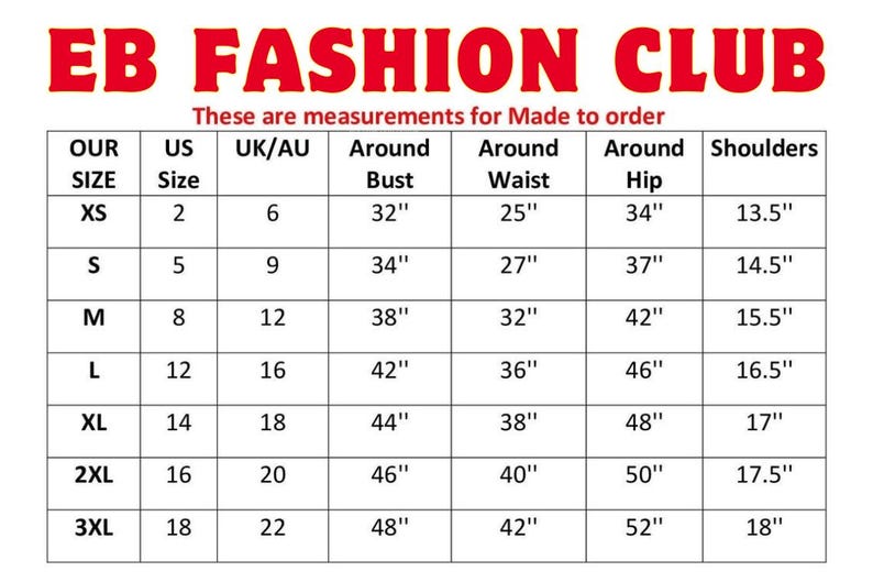 Peut inclure: Tableau des tailles pour les v&ecirc;tements avec des mesures en pouces pour les &Eacute;tats-Unis, le Royaume-Uni/l'Australie, le buste, la taille, les hanches et les &eacute;paules.