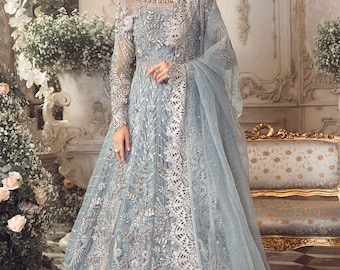 Neueste Pakistanische Brautkleider Blau Lange Maxi Style Indische Braut Outfit Indische Kleidung Nikkah Gast-Partykleid Eid Salwar Kameez Stitch