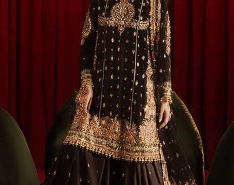Black Nikkah Gharara Kurti: Pakistani Wedding Outfit, Custom Stitched
