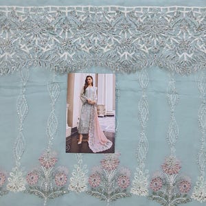 May include: A light blue sheer fabric with a silver embroidered border and floral design. A woman in a light blue dress with a pink dupatta is shown in the image.