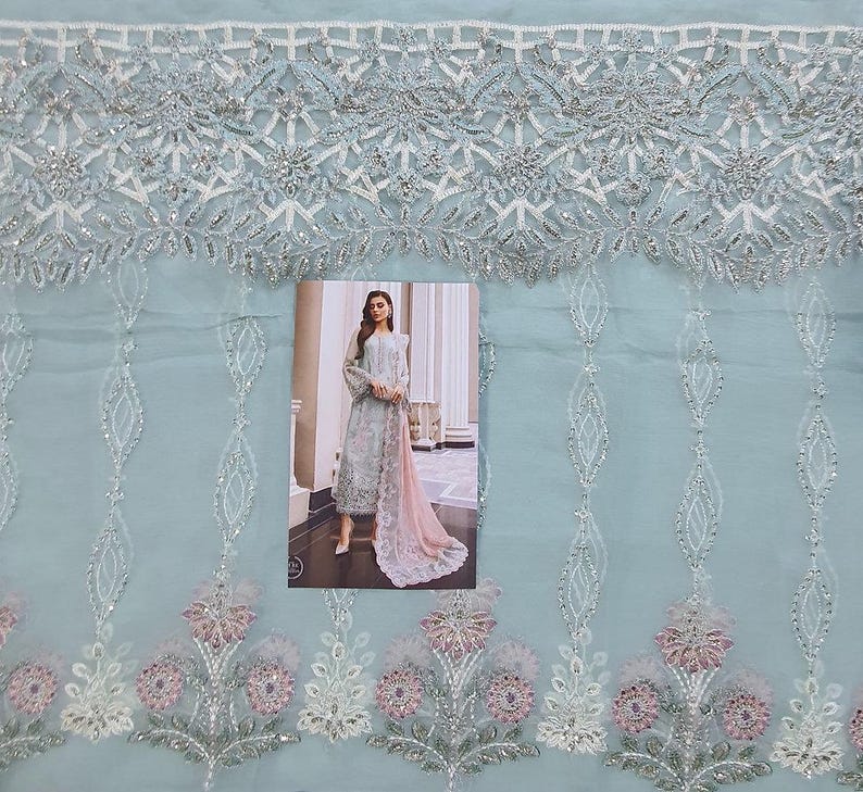 May include: A light blue sheer fabric with a silver embroidered border and floral design. A woman in a light blue dress with a pink dupatta is shown in the image.