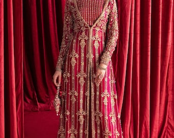Raspberry Embroidered Pakistani Wedding Gown: Organza Salwar Kameez