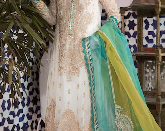 Pakistanische Brautkleider Creme und Ferozi Chiffon Stickerei Salwar Kameez Eid Anzug Partywear Indischer Designer Gast Outfit Made to Order