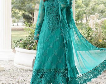 sea green colour dress for women Sea green colour ethnic sequins work dress with lehenga for festive looks