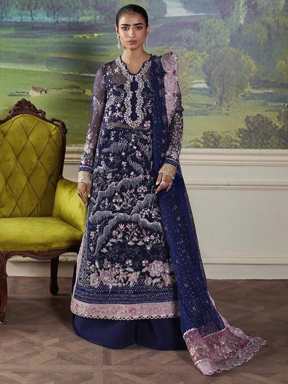 Embroidered Pakistani Wedding Dress: Long Shirt Style, Blue Salwar Kameez