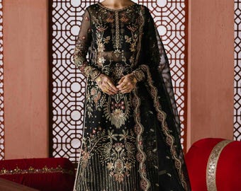 Black Embroidered Pakistani Wedding Dress, Long Shirt Organza Salwar Kameez, Guest Outfits, Bride Dresses