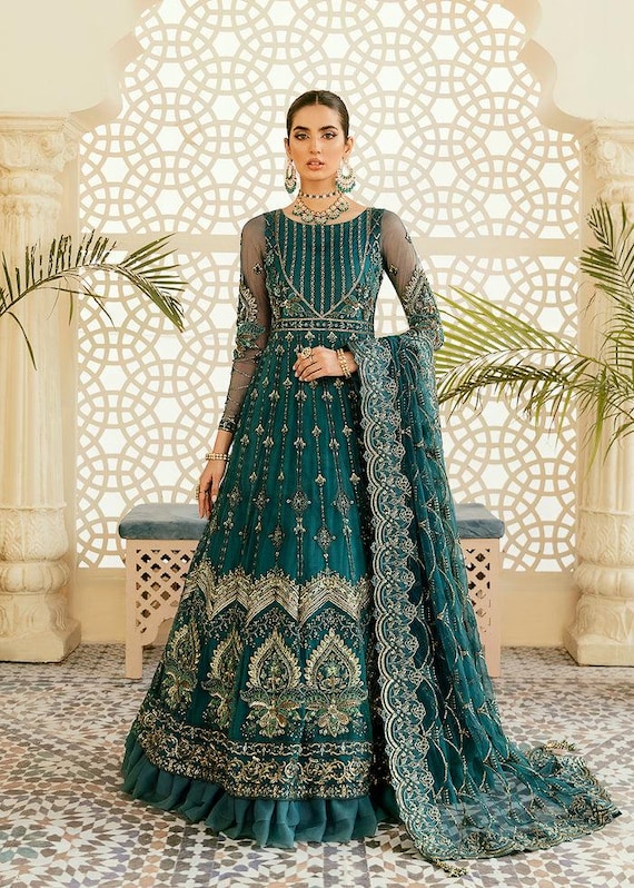 green emerald velvet dress Black Flared Net Long Gown with Dupatta, Indian Long Dress, Embroidery –  CNP Associates LLC main image 0