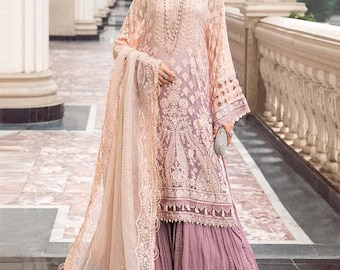 Lilac Chiffon Partywear Pakistani Indian Wedding Dresses Sharara Guest Outfit Designer Embroidery Eid Salwar Kameez Nikkah Clothes Dholki