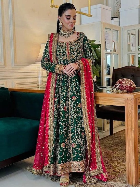 red and green dress pakistani hussain rehar Aadheen Pakistani wedding bridal dresses mehndi nikkah outfits  – Zenia main image 1