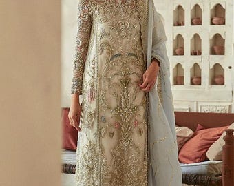 Creme Langes Hemd Neueste Pakistani Brautkleider Indische Stickerei Kleidung Eid Party Salwar Kameez Benutzerdefinierte genähte Verlobungsgast Outfits