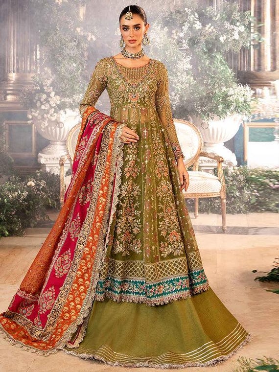 Pakistani Wedding Dresses Indian Bridal Olive Green Guest Outfit Maxi  Embroidery Clothes Nikkah Eid Salwar Kameez Collection Custom Stitched -  Etsy Israel
