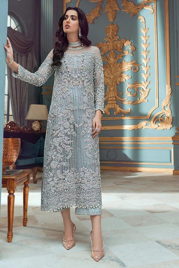 ice blue indian dress Ice Blue Embroidered Net Maxi Dress: Pakistani Bridal Gown