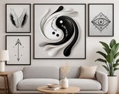 Spiritual Wall Art Bundle | Yin Yang Wings Arrow Eye | Black White Silver Minimalist Gallery Wall Set | Digital Download Prints
