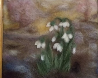 Snowdrops (smaller version) - wool fiber art , wall hanging , wool picture in waldorf tradition