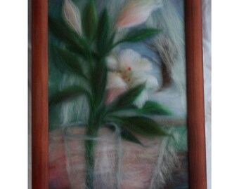 Lilies on the table - beautiful painting created from wool fiber