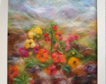 Poppies on a mountain - wool fiber art, wall hanging, wool picture