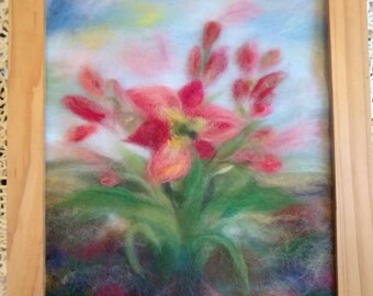 Daylily in bloom - wool fiber art, wall hanging, wool picture