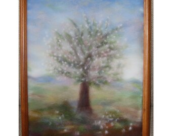 Cherry tree in bloom - wool fiber art, wall hanging, wool picture